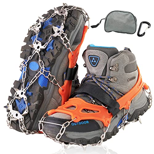 【日本山岳ガイド監修】 アイゼン チェーンスパイク 19本爪 カラビナ付き 登山 雪山 トレッキング 軽量 滑り止め 収納袋付き 日本ブランド SanSigma (オレンジ L) 1枚目 画像
