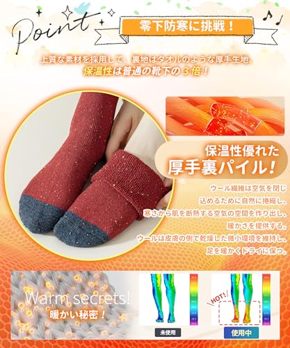 [APIKIE] 靴下 レディース ソックス 冬 零下防寒・三重保温・高めの履き口 蒸れにくい 暖かい靴下ウールソックス 防寒保温 可愛いくつした 耐久 伸縮性 カジュアルソックス 登山 22-25.5cm 中間 画像