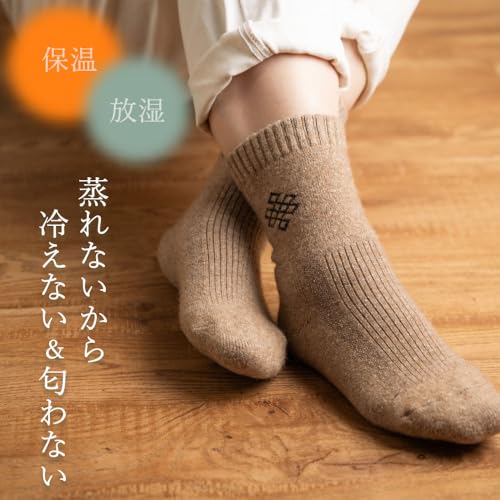 [NOOS] ノース 羊と暮らす靴下 クルー丈 モンゴル産 ウール ミドルソックス 3足セット 登山用 キャンプ 釣り アウトドア (JP, アルファベット, M, ブラウン) 中間 画像