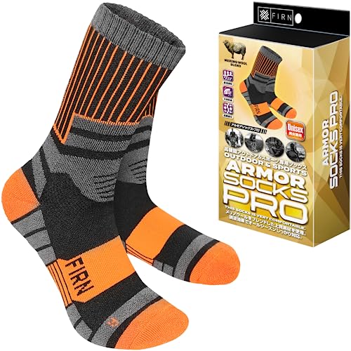 [FIRN] フィルン アルモア ソックス プロ メリノウール 高機能靴下 アウトドア ハイキング 登山用 抗菌 防臭 通気 厚手 足底クッション 水ぶくれ防止 スポーツ キャンプ トレイルラン 男女兼用 (L, オレンジ) 画像1