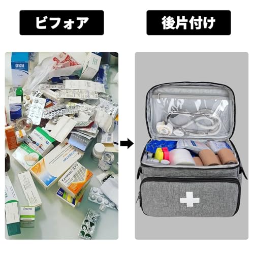 Boczif 救急キット 救急用品収納キャリーバッグ ピルボトルオーガナイザー 緊急外傷医療キット用品 防水仕様 自宅、オフィス、車内、旅行、アウトドア、キャンプ、ハイキングに最適 (グレー) 最後 画像