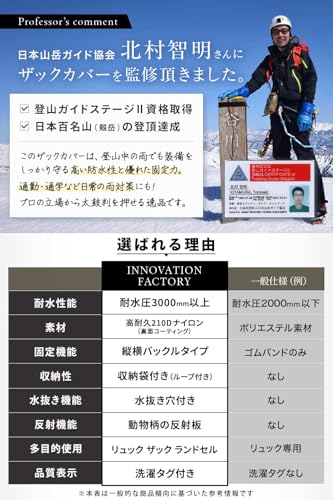 [INNOVATION FACTORY] ザックカバー 防水耐水圧3000mm 動物反射付き リュックカバー 収納袋付き (猫 黒色 S 中間 画像