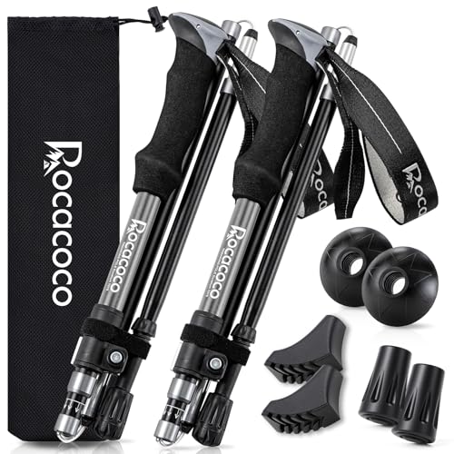 Rocacoco トレッキングポール 折畳み 登山 ストック 軽量 100-120cm伸縮 ウォーキングポール ウォーキングステッキ 2本セット 登山杖 登山ポール 山登り ステッキ ハイキングポール 男性 女性 高齢者 (グレー) 1枚目 画像