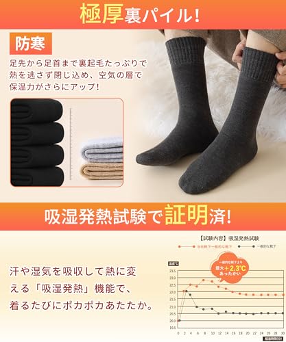 [Lavento] 靴下 メンズ ソックス 冬 【5足セット・ウール裏パイル・耐久性アップ】 防寒靴下 ウールソックス あったか 厚手 防寒 保温 消臭 360°蓄熱 伸縮性 室内 アウトドア スキー スポーツ 24-28㎝ (ダークグレー*5) 中間 画像