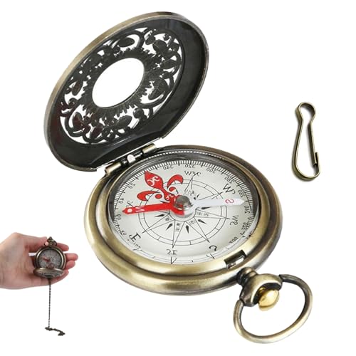 EKRLLO 方位磁石 コンパス多機能 2WAY レトロ雑貨 方位磁針 アンティーク風 小型 懐中時計式 チェーン付き 登山 アウトドア 誕生日 記念日 贈り物 プレゼント フック付き 1枚目 画像