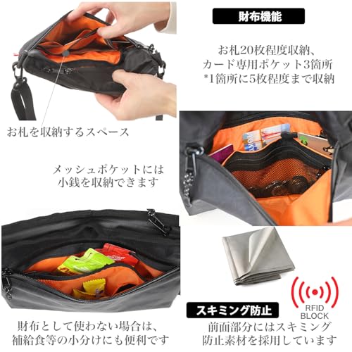 [Shoebill] サコッシュ ナイロン X-PAC メンズ ショルダーバッグ 小さめ 軽量 財布機能 防水 登山 アウトドア 防水 軽量 (ブラック) 中間 画像