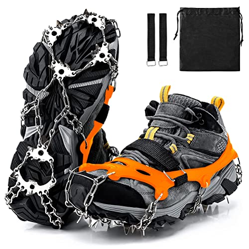 アイゼン スノースパイク 24本爪 チェーンスパイク ステンレス製 登山 軽量 靴底用 雪山 雪道 凍結 氷 スノー アイス 滑り止め 転倒防止 (L, オレンジ) 画像1