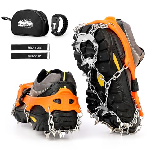 HIKENTURE アイゼン チェーンスパイク 201ステンレス製 スノースパイク 凍った道 雪山 登山 ハイキング 穴釣り 磯釣り 沢登り 転倒防止 耐久性 収納袋付き 男女兼用(オレンジ・M) 1枚目 画像