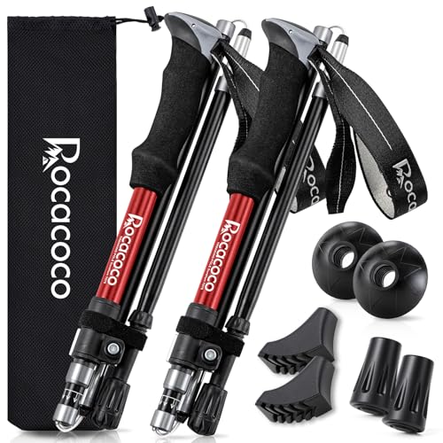Rocacoco トレッキングポール 折畳み 登山 ストック 軽量 100-120cm伸縮 ウォーキングポール ウォーキングステッキ 2本セット 登山杖 登山ポール 山登り ステッキ ハイキングポール 男性 女性 高齢者 (レッド) 1枚目 画像