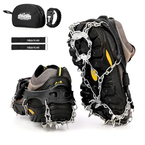 HIKENTURE アイゼン チェーンスパイク 軽アイゼン スノースパイク 凍った道 雪山 登山 ハイキング 穴釣り 磯釣り 沢登り 転倒防止 耐久性 収納袋付き 男女兼用(ブラック・M) 1枚目 画像