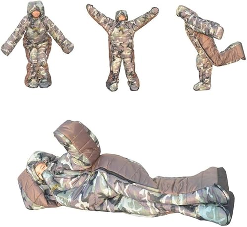 着る寝袋 モモンガ 動ける 動けるあったか寝袋 人型 フード付 全身 撥水加工 防災グッズ 防災用シュラフ 歩ける 男女兼用 暖かい 防寒グッズ 大人用 全身用 旅行 キャンプ (迷彩色, L(適応身長：160～175cm)) 中間 画像