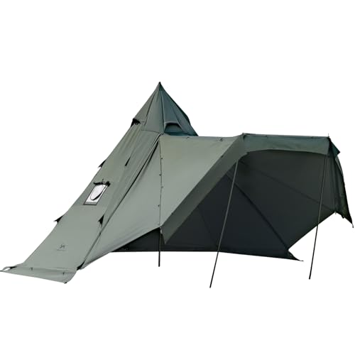 TOMOUNT ワンポールテント 2-4人用 tcテント 高さ2.8m ポリコットン ティピーテント サイドウォール付き 煙突穴付き 多機能 防撥水 通気性 難燃 焚火 4シーズン適用 (グリーン テント) 1枚目 画像