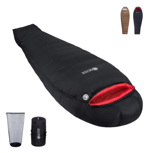 QEZER 寝袋 冬用 ダウン シュラフ 最低温度-26℃ 700g/1000g/1500g羽毛充填 マミー型 650FP高級ダウン寝袋 コンパクト 400T撥水加工 キャンプ 登山 車中泊 防災避難用 1枚目 画像