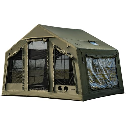 MC エアーテント 8㎡ TCポリコットン素材 インフレータブル ロッジ型 3~5人用 煙突穴付き ファミリー キャンプ 組立簡単 エアフレームテント アウトドア 防蚊虫 4シーズン 収納袋 空気入れ付き 1枚目 画像