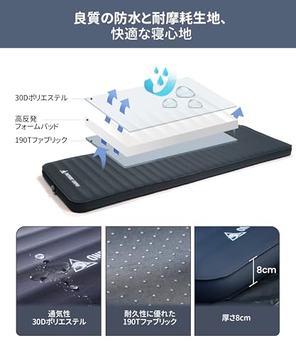 OneTigris DREAMSTAR エアーマット 30秒自動膨張 1人用 エアーベッド 高R値 高反発 耐荷重100kg 8cm厚手 無臭 快適 静音 滑り止め オールシーズン 198*70cm ポンプ機能収納袋付き キャンプ/ツーリング/レジャー/車中泊用 中間 画像