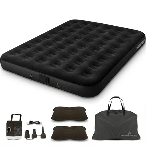 PYKES PEAK 電動式エアーベッド ダブル キャンプ用品 電動ポンプ内蔵 自動膨張 コンパクト 持ち運び便利 折りたたみ 厚さ20cm ワンタッチで空気抜け 防水性・通気性・快適性 寝袋 枕付き 防災用品 来客用 キャンプ 車中泊 エアマット エアーマット【ダブル ブラック】 画像1