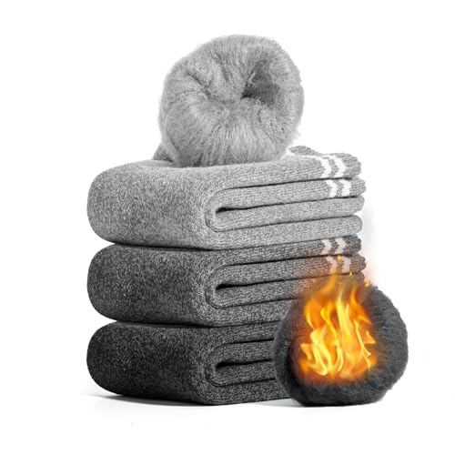 [konciwa] 靴下 レディース 冬 厚手【極暖38℃恒温・極厚裏パイル・ウール素材・360°蓄熱】 ソックス ウールソックス 防寒 保温 消臭 耐久性 伸縮性 室内 アウトドア 登山 キャンプ 24-28㎝ (4＃ブラック*1濃いグレー*1グレー*1) 画像1