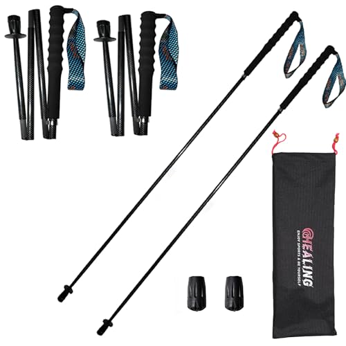 KHEALING トレッキングポール カーボン 折畳み【超軽量115g/125g/130G】炭素繊維 登山 ポール 5節 2本セット 110/120/130 cm ハイキングポール 滑り止め コンパクト 遠足 登山用品 徒歩 キャップ 吸湿発散性に 収納バッグ付 男女兼用 オフロード(人気登山ブロガー絶賛推薦！) (黒, 110CM) 1枚目 画像