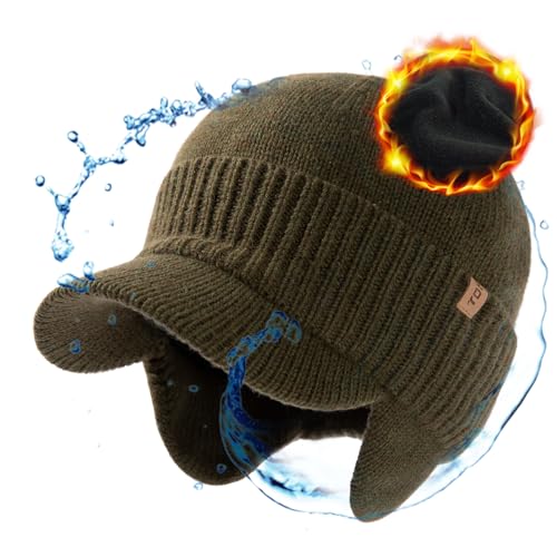[TOP-EX] 防寒 ニットキャップ 秋冬 メンズ レディース 耳当て付き つば付き 防水 スキー スノボ 自転車 散歩 アウトドア 大きいサイズ 小顔効果 (L/XL アーミーグリーン) 画像1