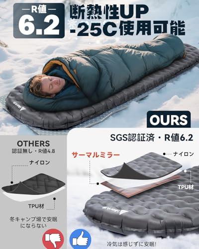 Hikenture高R値6.2 エアーマット【8.5cm極厚●超軽量●SGS認証】断熱性高い･冬キャンプ適用 コンパクト収納可能 エアポンプ･取扱書･収納袋･補修テープ付 登山用 車中泊 テント アウトドア 防災 登山 耐水加工 防水 最後 画像