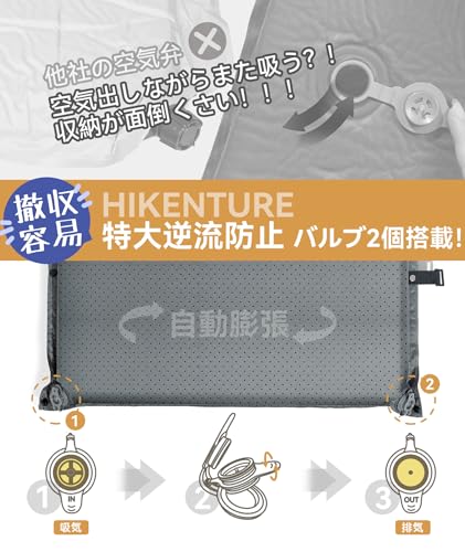 Hikentureインフレーターマット【特許取得特大バルブ2個搭載・自動膨張速い】6.2高R値 極厚 撤収容易 無限連結 車中泊 マット 取扱説明書・収納袋付 エアーマット 10CM/8CM/5CM 自動膨張 キャンプマット 折り畳み インフレータブルマット 持ち運び便利 簡単収納 中間 画像