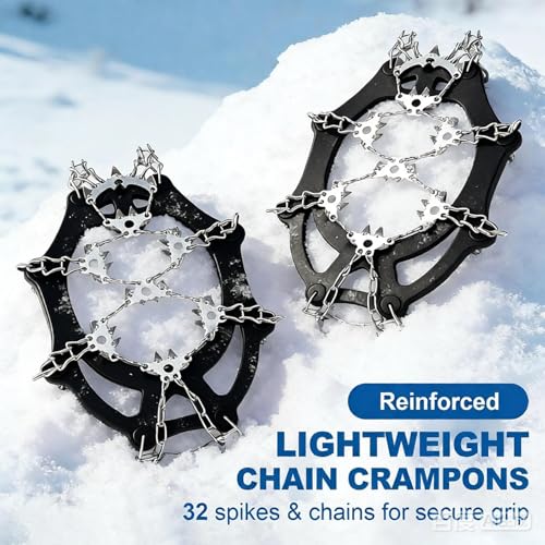 晨陽小店 チェーンスパイク 軽量【強化版・32本爪】 アイゼン 登山 ブラック 3秒着脱 XLサイズ:27.0〜28.5cm 凍結道路 滑り止め 雪山 登山 ハイキング 穴釣り 磯釣り 沢登り 転倒防止 収納袋付き 男女兼用 最後 画像