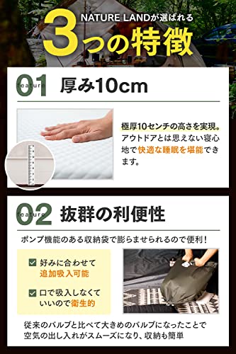 【キャンプインストラクター推薦】NATURE LAND キャンプ マット 極厚 10cm インフレーターマット エアーマット ポンプ機能付き (ブラック) 中間 画像