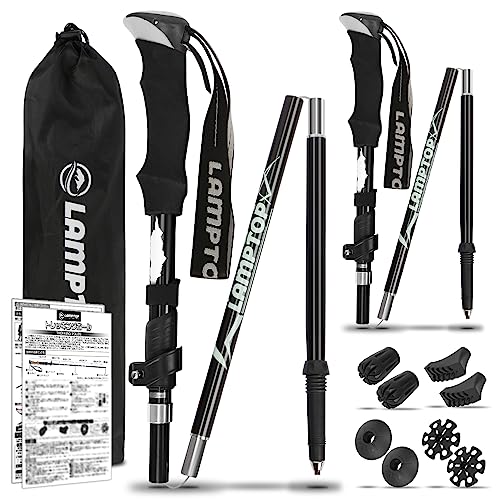 【雑誌掲載】LAMPTOP トレッキングポール 登山ストック 折りたたみ式 軽量A7075アルミ製 250g 2本セット 2つサイズ コンパクト ウォーキングポール 収納ケース&付属品付き 男女兼用(ブラック、95~110cm) 1枚目 画像