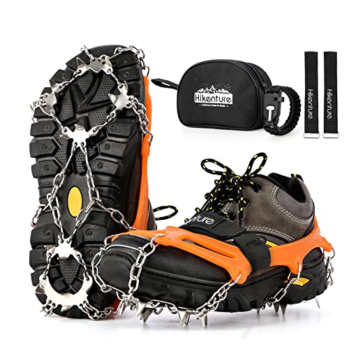 HIKENTURE アイゼン チェーンスパイク 201ステンレス製 スノースパイク 凍った道 雪山 登山 ハイキング 穴釣り 磯釣り 沢登り 転倒防止 耐久性 収納袋付き 男女兼用（オレンジ・L） 1枚目 画像