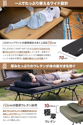ワック リラクシングキャンプマット 厚手 10cm 車中泊マット キャンピングマット 特殊ウレタン 軽量 r値 10 【ミニバンにぴったり】自動膨張 連結可能 特大バルブ搭載 災害時 防災マット インフレータブルマット エアーマット アウトドア 車中泊 キャンプ 寝袋 (BLACK(ブラック)) シングル(200cm x 70cm) 中間 画像