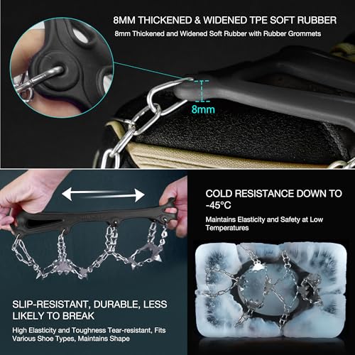 Unigear アイゼン 24本爪 チェーンスパイク 201ステンレス製 スノースパイク 軽量 凍結道路 登山 雪山 ハイキング トレッキング 通勤 穴釣り 磯釣り 沢登り 滑り止め 耐久性 収納袋付き 男女兼用(ブラック,XL) 中間 画像