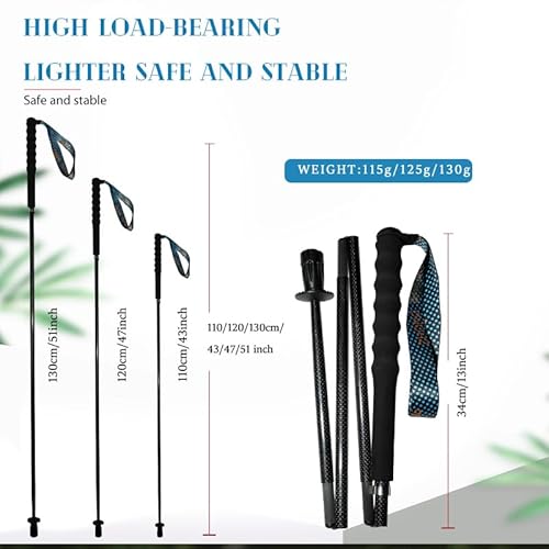 KHEALING トレッキングポール カーボン 折畳み【超軽量115g/125g/130G】炭素繊維 登山 ポール 5節 2本セット 110/120/130 cm ハイキングポール 滑り止め コンパクト 遠足 登山用品 徒歩 キャップ 吸湿発散性に 収納バッグ付 男女兼用 オフロード(人気登山ブロガー絶賛推薦!) (黒, 120CM) 中間 画像