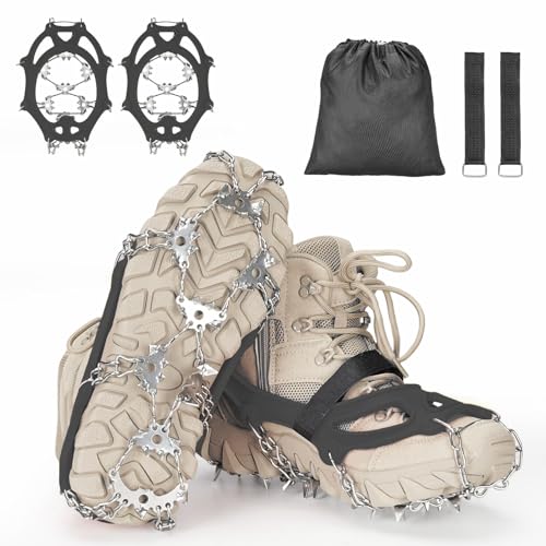 晨陽小店 チェーンスパイク 軽量【強化版・32本爪】 アイゼン 登山 ブラック 3秒着脱 XLサイズ:27.0〜28.5cm 凍結道路 滑り止め 雪山 登山 ハイキング 穴釣り 磯釣り 沢登り 転倒防止 収納袋付き 男女兼用 1枚目 画像