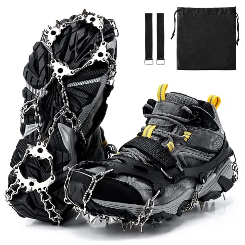 アイゼン スノースパイク 24本爪 チェーンスパイク ステンレス製 軽量 靴底用 登山 ハイキング 通勤 雪山 雪道 凍結 氷 スノー アイス 滑り止め 転倒防止 収納袋付き (L, ブラック) 画像1