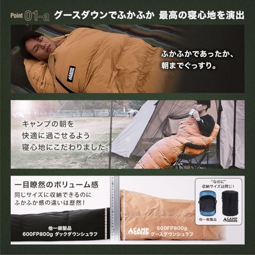キャンプグリーブ 【国内ブランド】 ダウンシュラフ 秋冬春用 寝袋 ダウン マミー型 【高級グースダウン】【YKKファスナー】 羽毛寝袋 ダウン充填 800g コンパクト 600FP高級ダウン 400T20D撥水加工 アウトドア キャンプ 登山 車中泊 防災用 冬用 シュラフ ダウン 中間 画像
